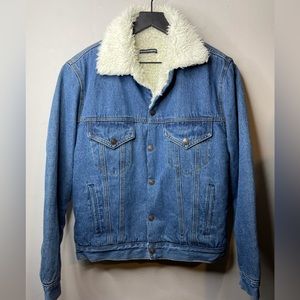 Brandy Melville Blue Denim Sherpa Fur Lining Jacket One Size Button Snap Unisex